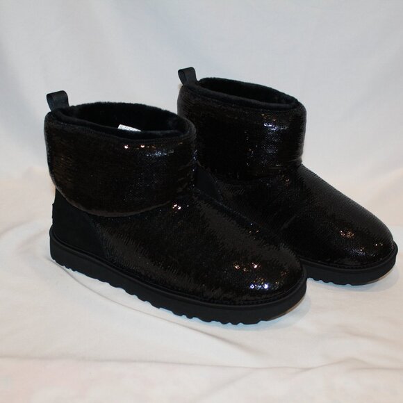 NIB UGG WOMEN'S MINI‎ SEQUIN SHEARLING LINED BOOTS BLACK - Picture 2 of 5